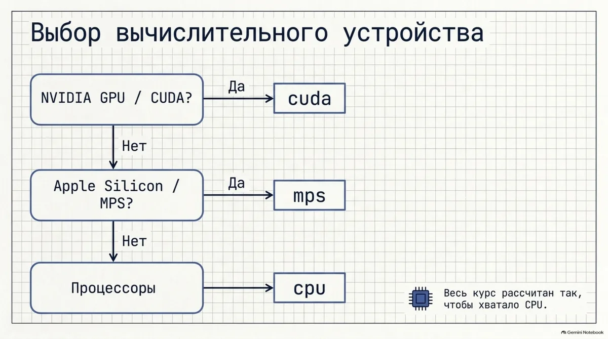 Вибір пристрою: cuda → mps → cpu; курсу вистачає CPU