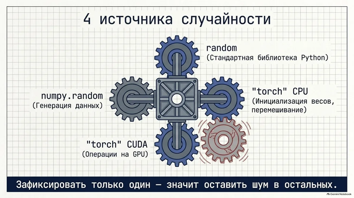 Чотири джерела випадковості: random, numpy, torch CPU, torch CUDA