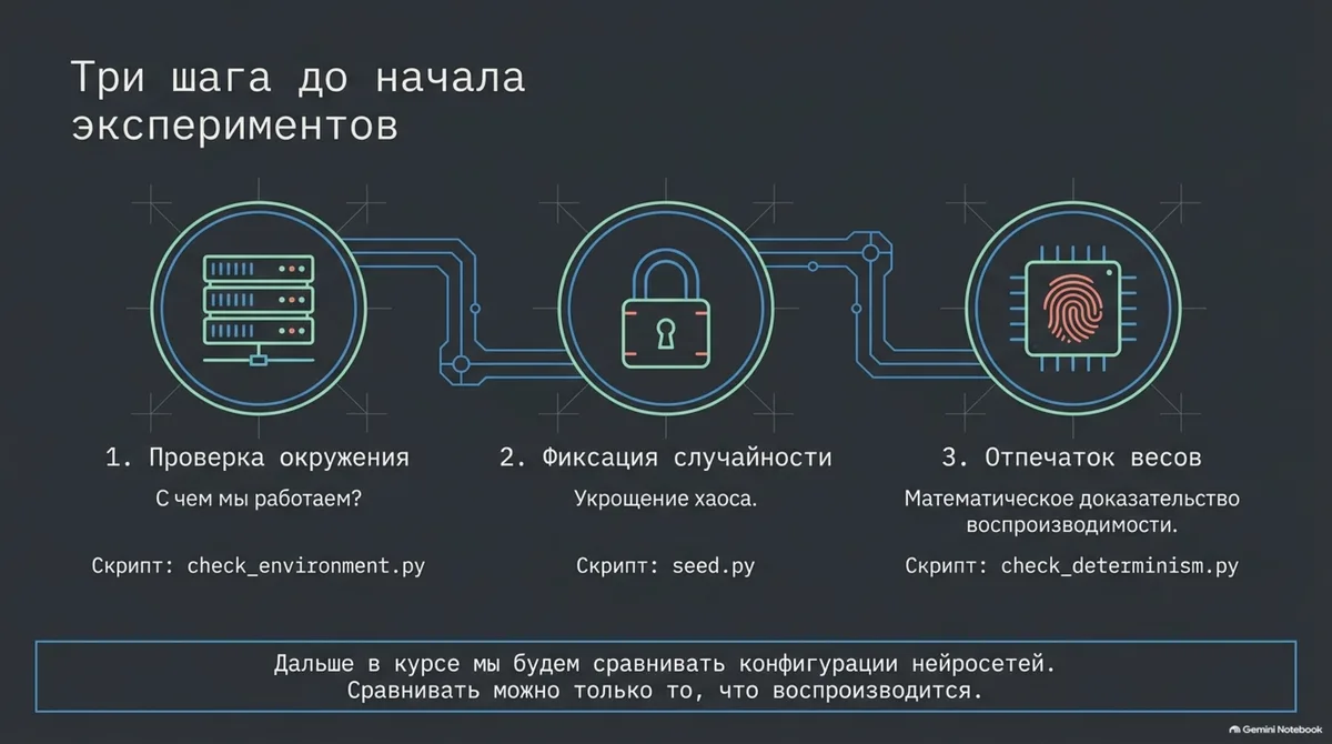 Три кроки до експериментів: оточення, зерно, відбиток ваг