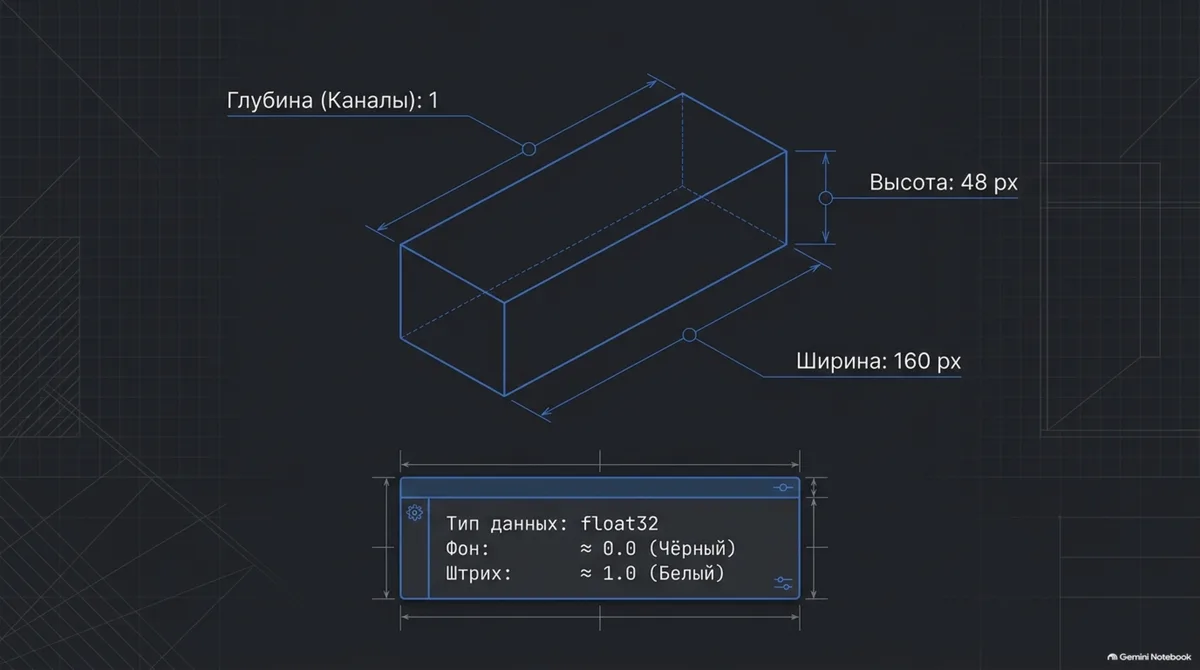 Контракт входа: 1×48×160, float32, фон ≈ 0, штрих ≈ 1