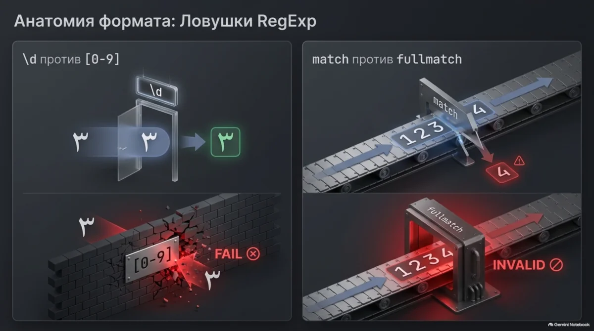 RegExp traps: \d vs [0-9], match vs fullmatch