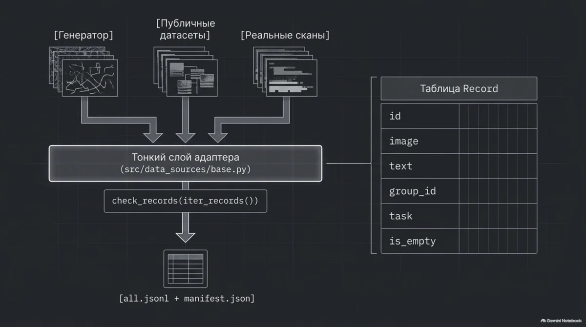 Генератор / публічні / скани → тонкий адаптер → all.jsonl