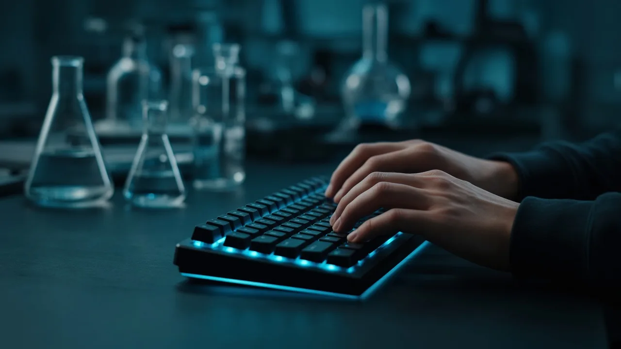 Keyboard with cyan glow — typing code by hand