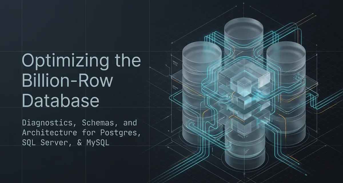 Overview: diagnostics, schema, and architecture for large databases — Postgres, SQL Server, and MySQL.