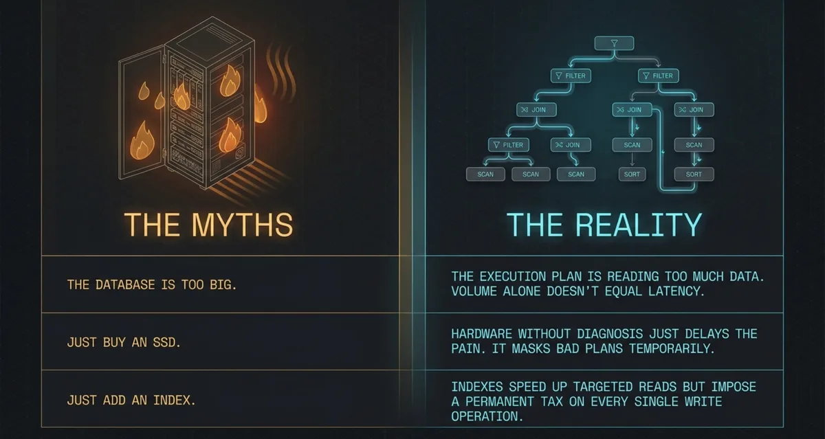 Myths — database too big, buy SSDs, just add an index — versus plan reality and write tax.