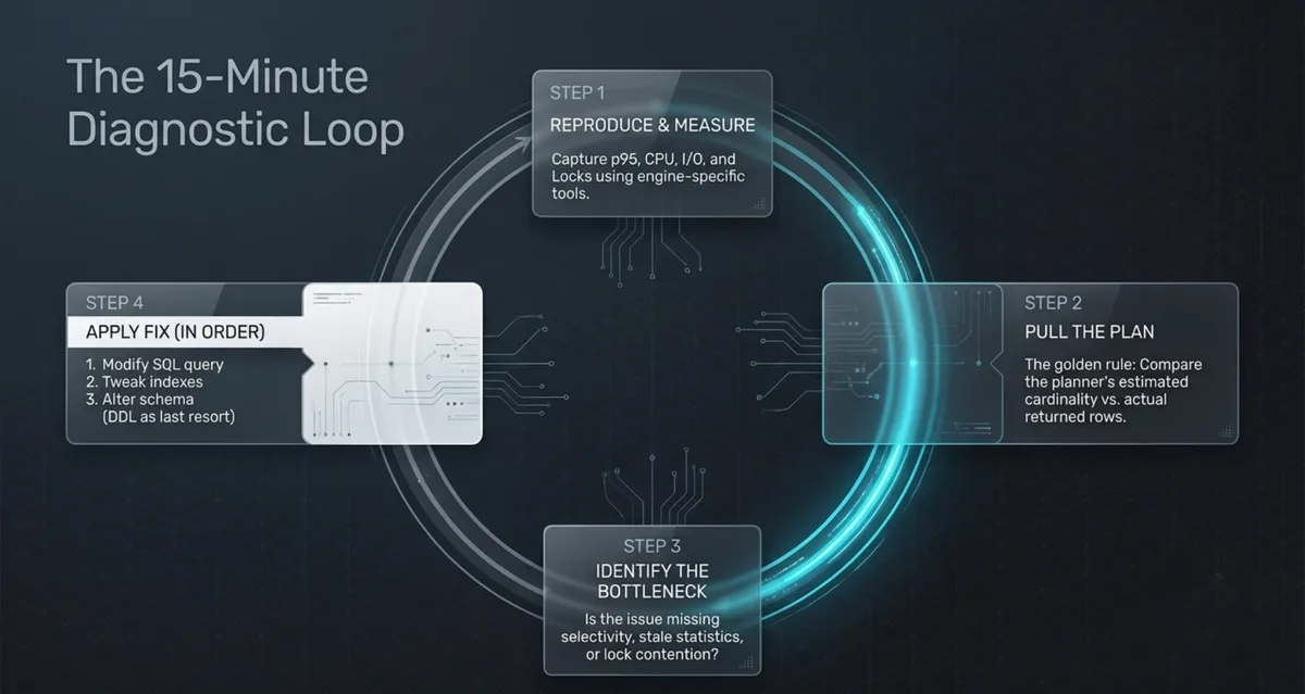 A 15-minute diagnostic loop: reproduce, pull the plan, name the bottleneck, fix in order.