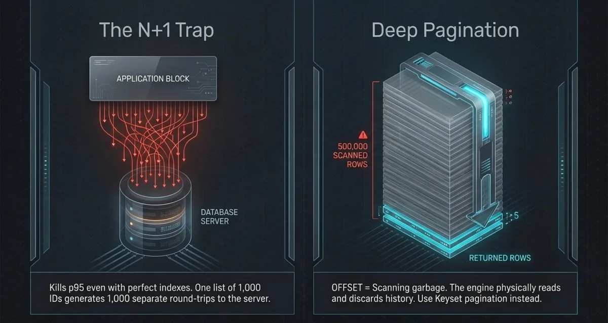 N+1 kills p95; deep OFFSET scans and discards history — prefer keyset pagination.