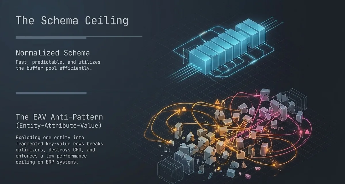 The schema ceiling: a normalized model versus fragmented EAV.