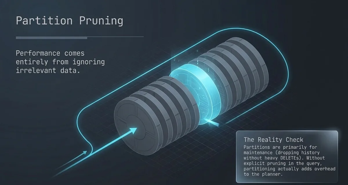 Partition pruning: speed from ignoring irrelevant data.