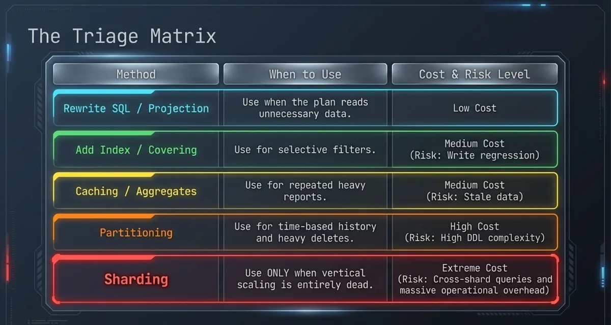 Triage matrix: from rewriting SQL to sharding by cost and risk.