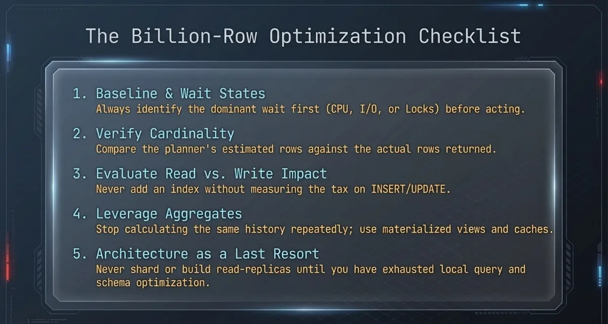 Checklist: waits, cardinality, write cost, aggregates, architecture last.