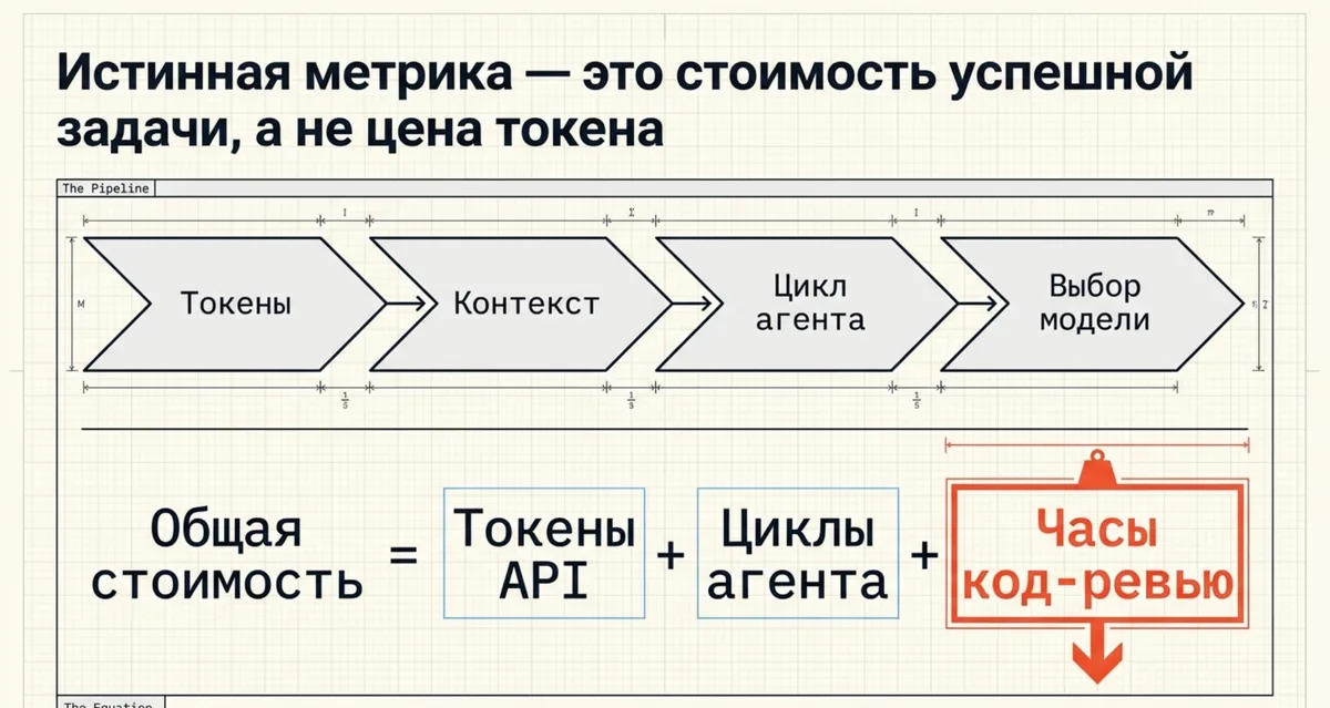 The real metric is the cost of a successful task: tokens, context, agent loops, and review hours.