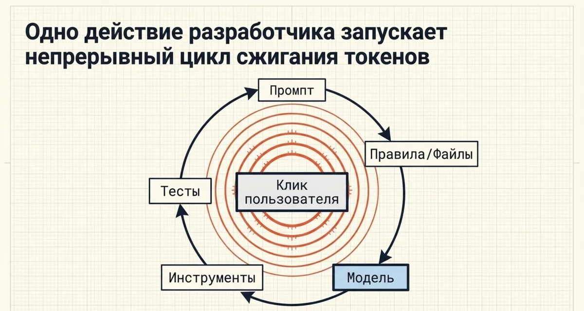 One click starts a loop: prompt → rules and files → model → tools → tests and back to the model.