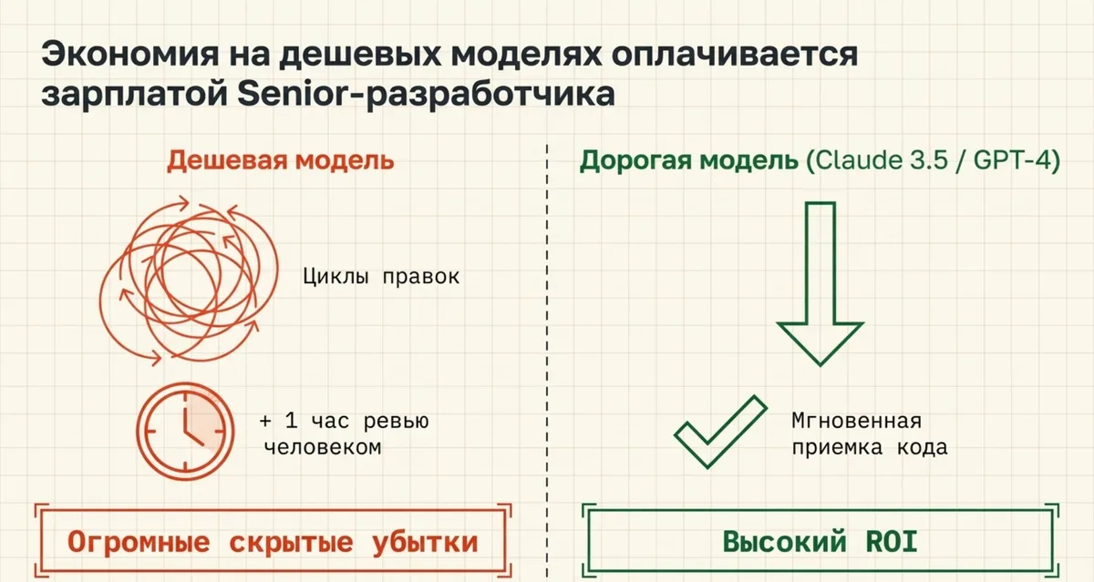 A cheap model with fix loops and an hour of review versus a dearer model with fast acceptance.