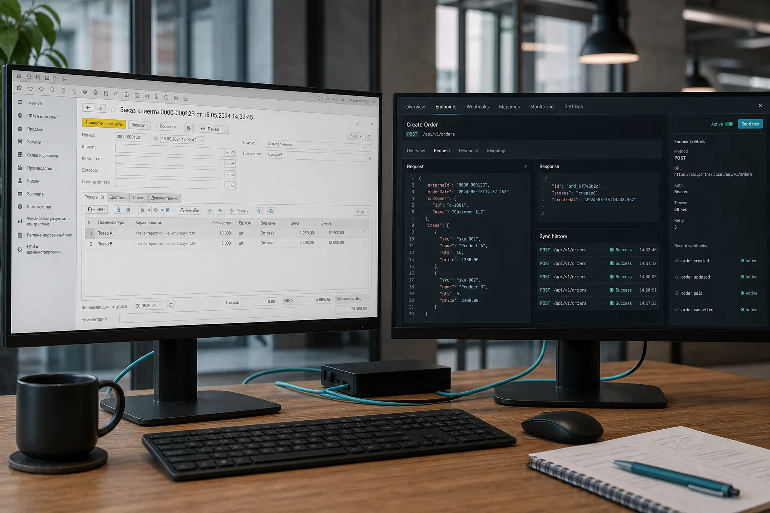 ERP forms and API sync dashboard for 1C integration