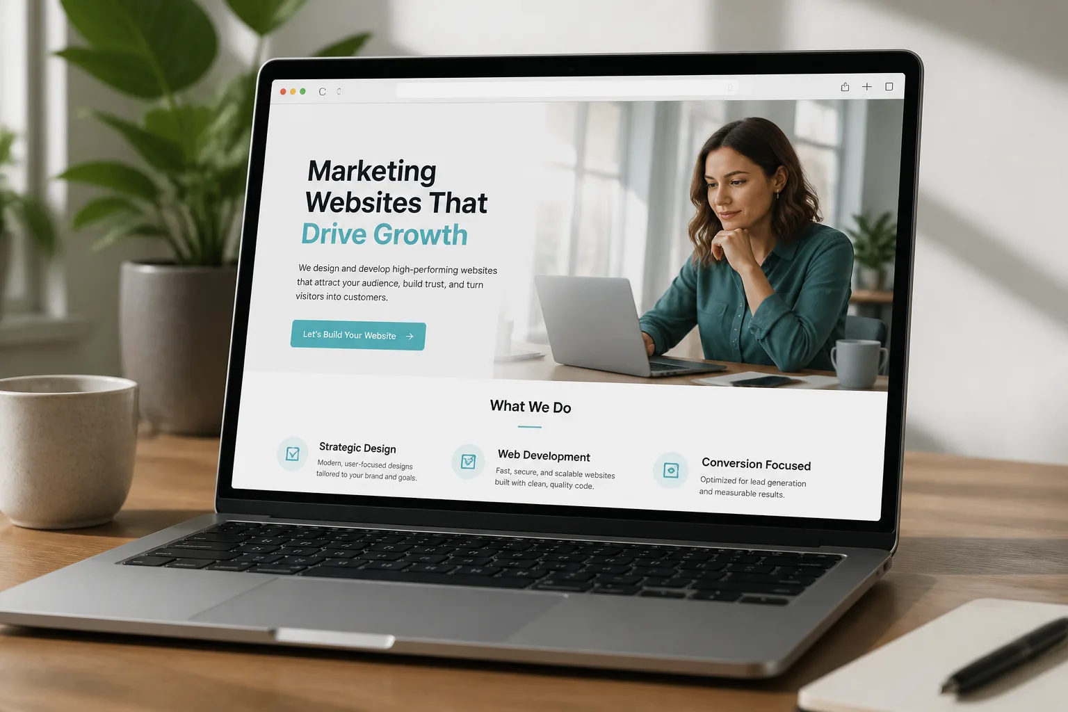 Laptop showing a marketing landing page in a browser