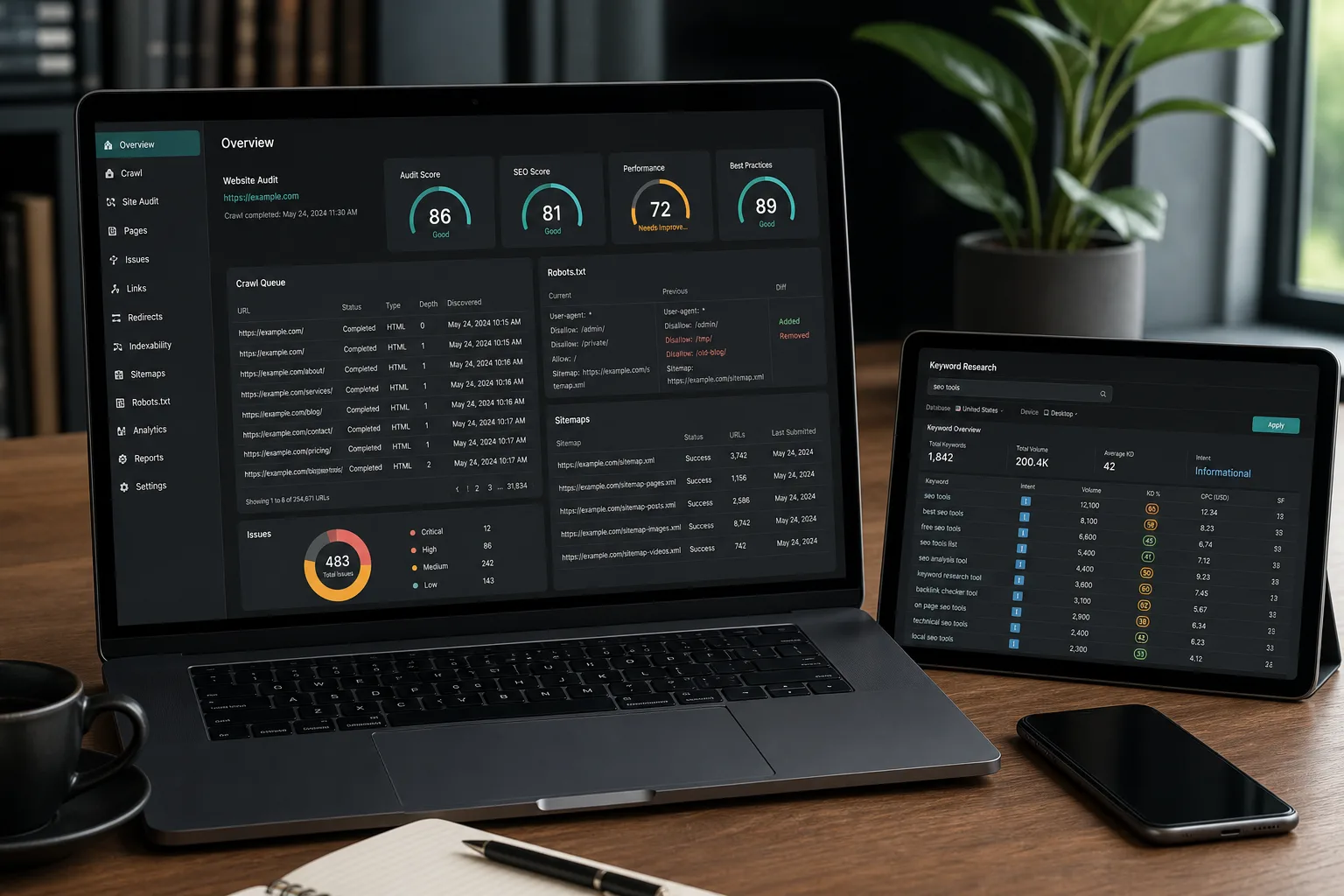 Custom SEO audit tool UI with crawl queue and score gauges