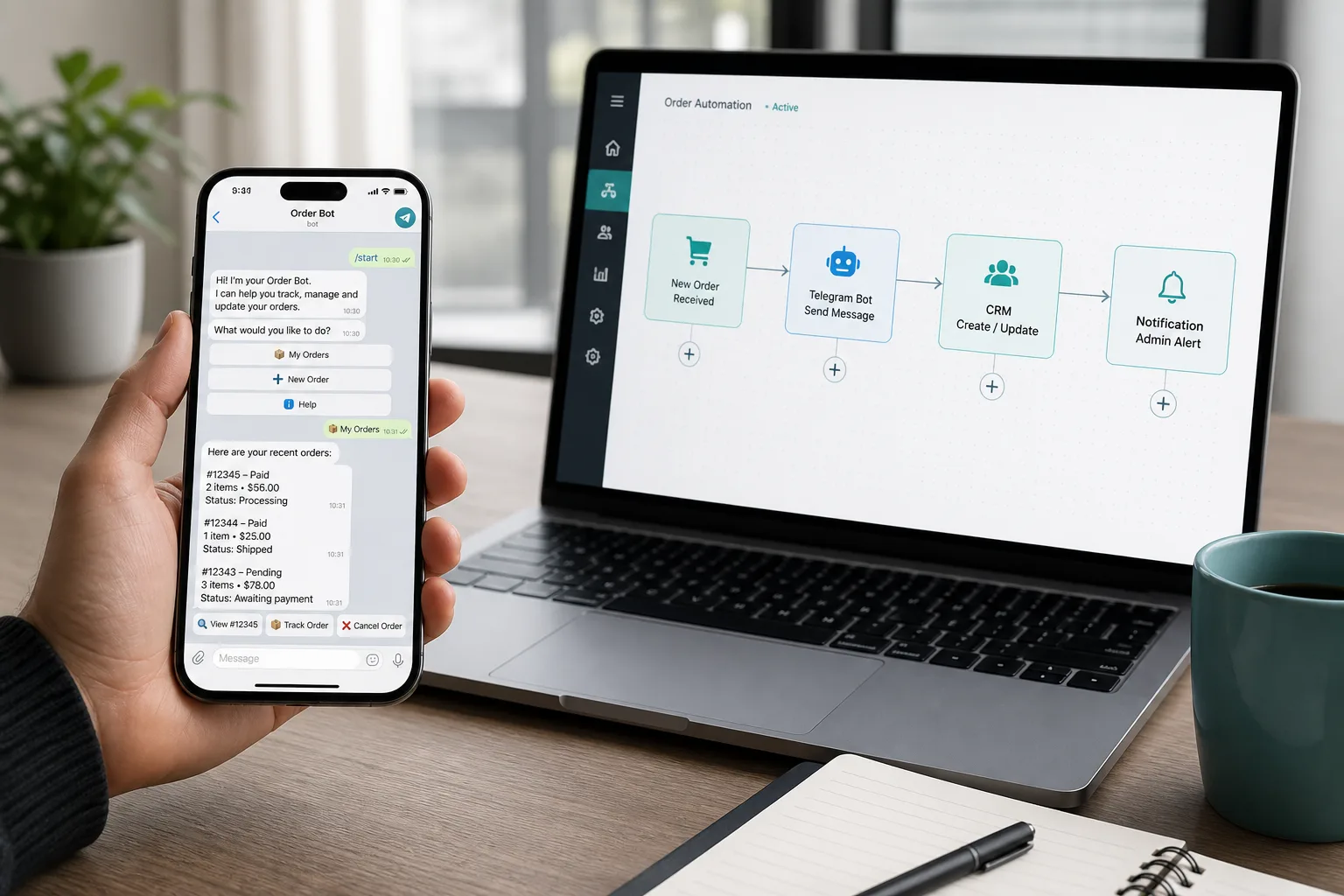 Smartphone Telegram bot chat beside automation flowchart on laptop